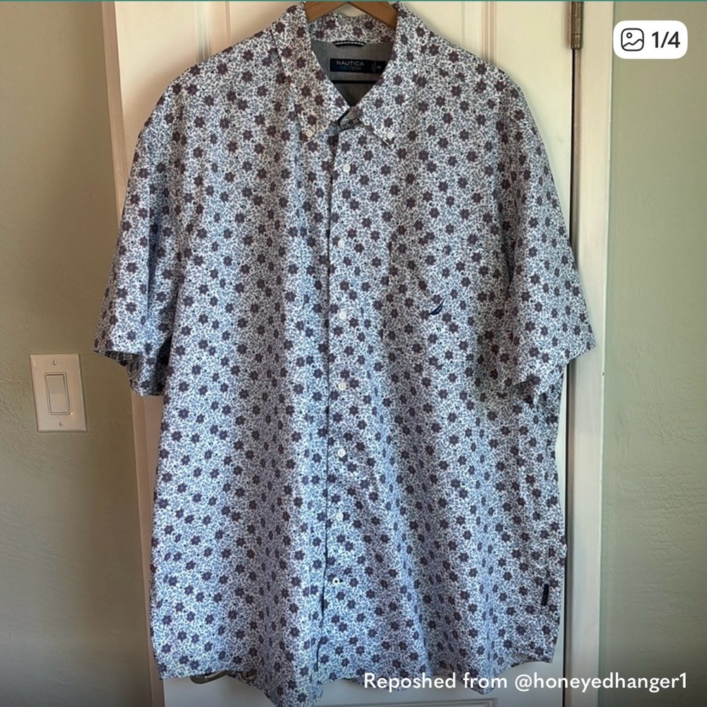 Nautica Men’s Short-Sleeve Floral Button-Down Shirt - White & Navy